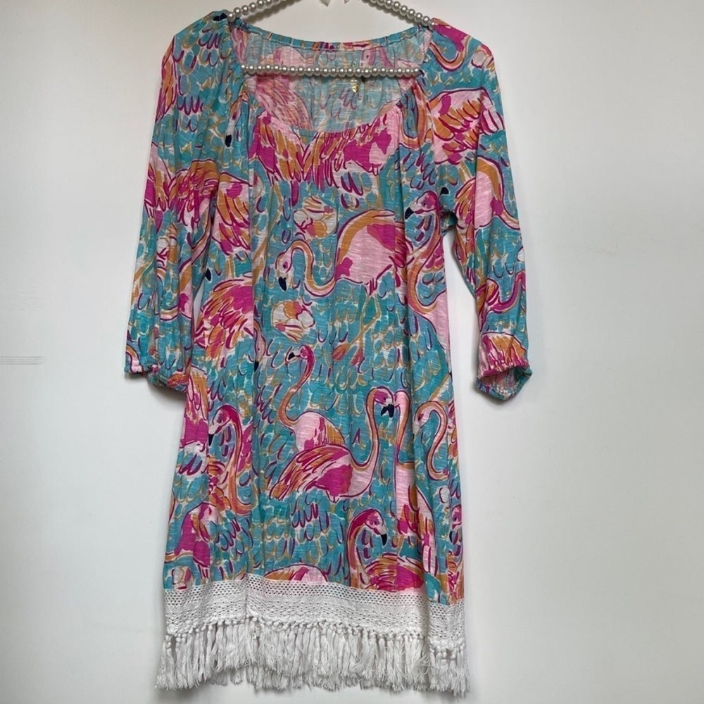Lilly Pulitzer XS Cotton Off-shoulder Crochet Tassels Trim Dress Flamingos Soft